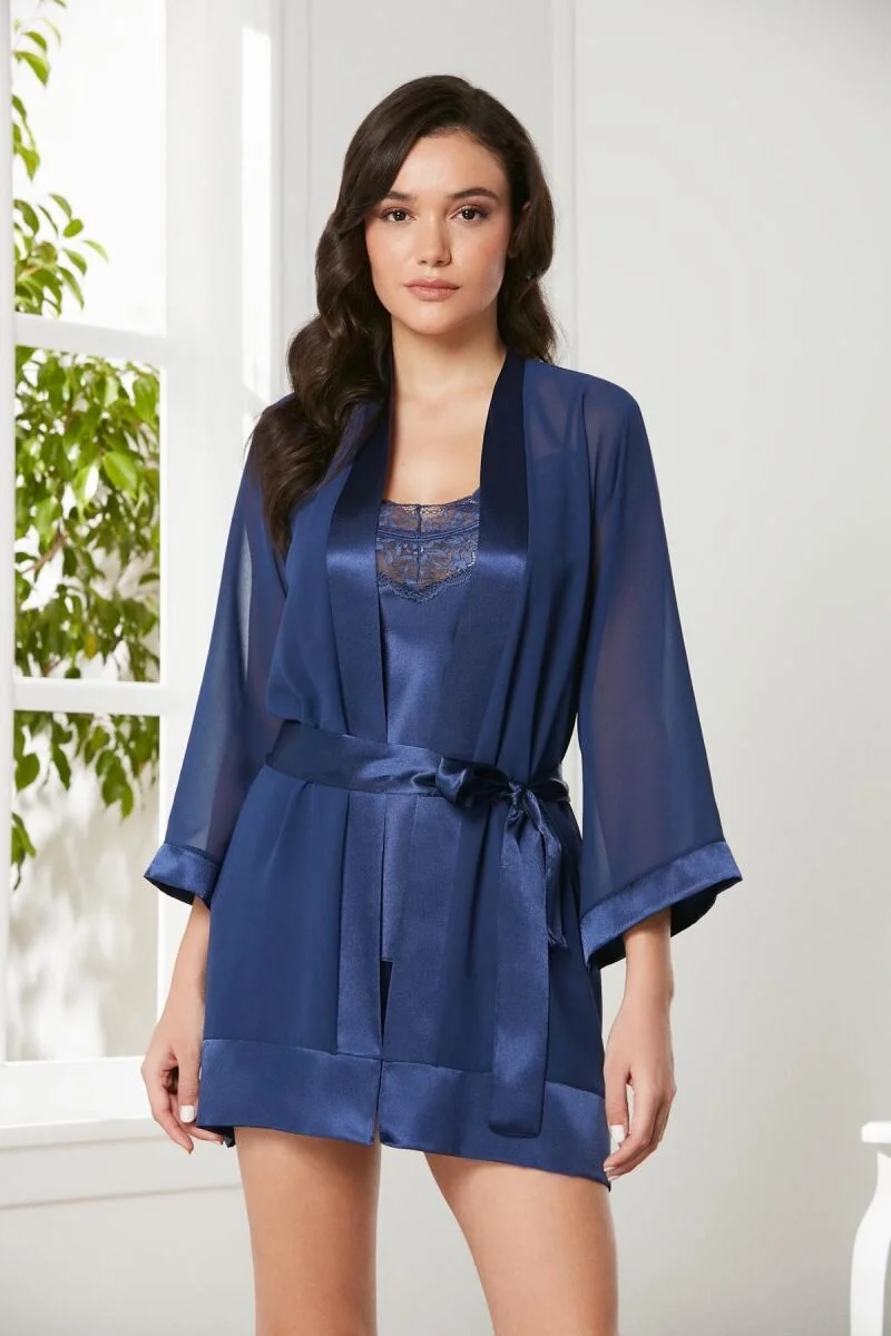 Saten 3'lü Kadın Sabahlık Takım - 2475 Lacivert