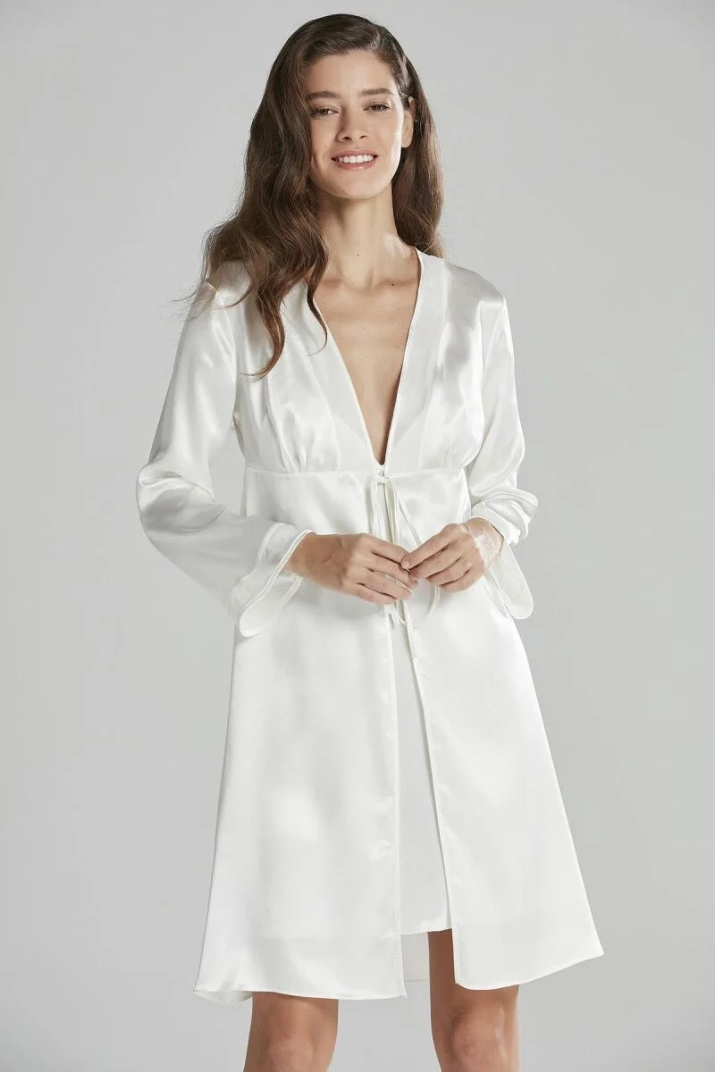 Kadife Saten Kadın Gecelik ve Sabahlık Takımı - 4040 Ekru
