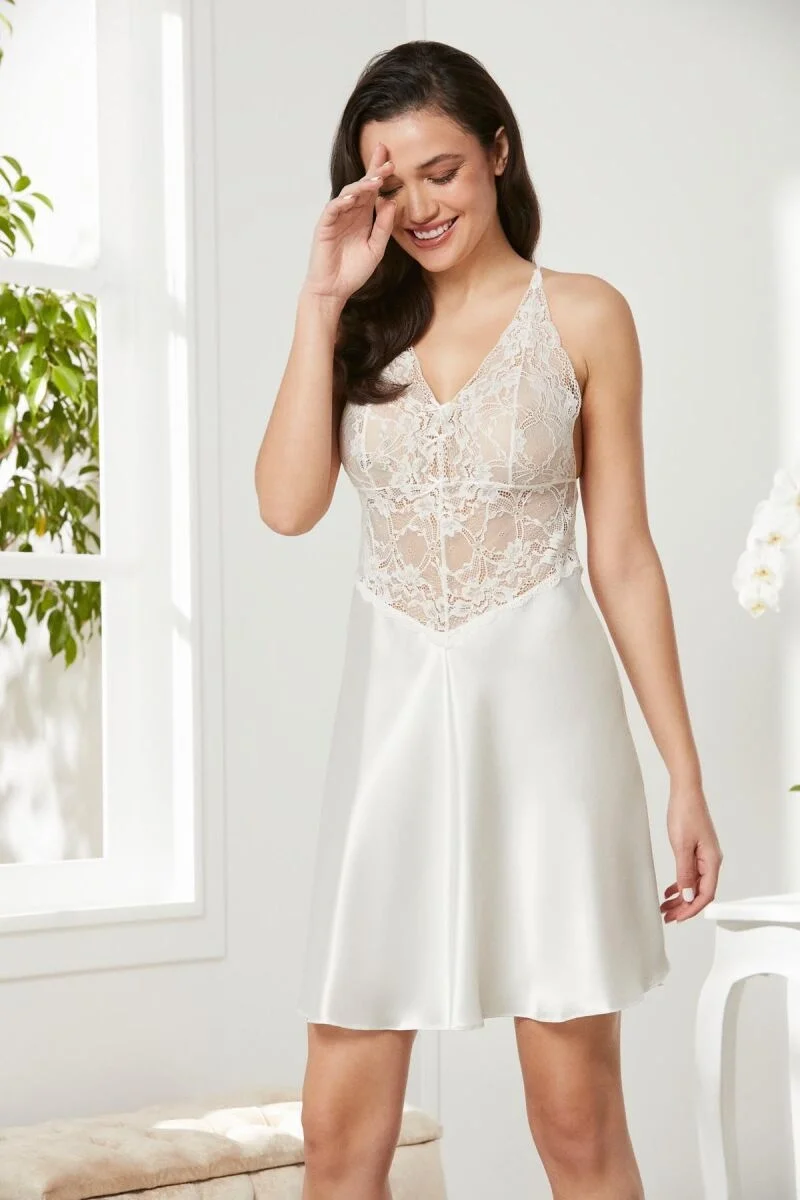 Saten Dantelli Kadın Gecelik  - 850 Ekru