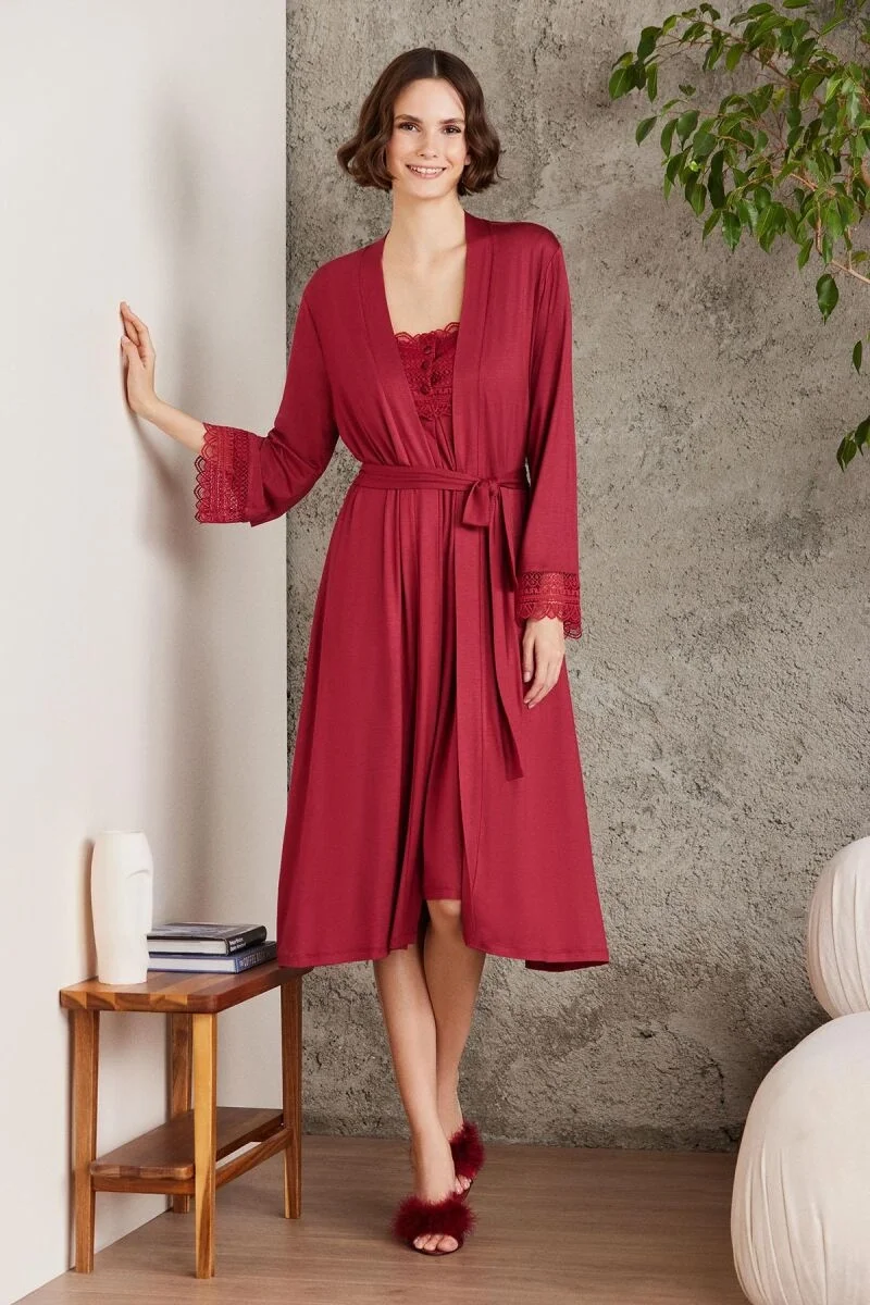 Penye Dantelli Kadın Gecelik ve Sabahlık Takım  - 4005 Bordo