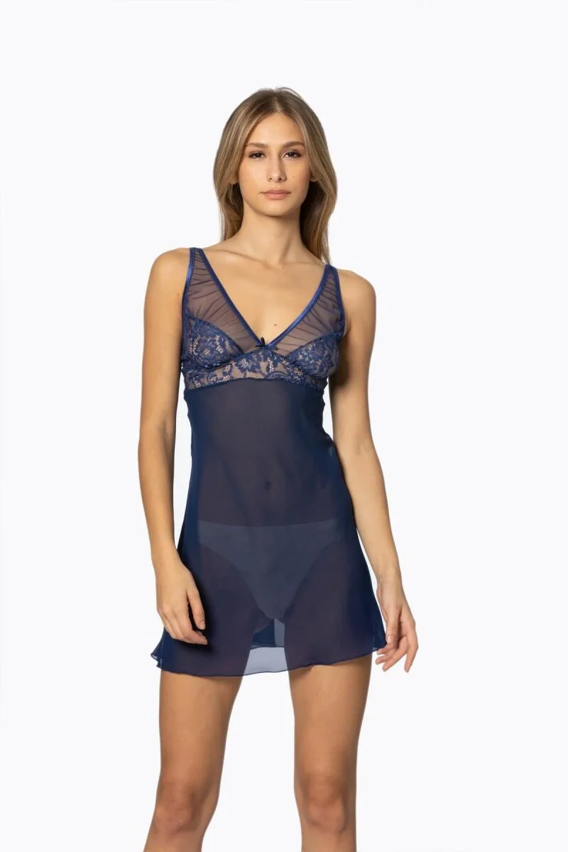 Şifon Dantelli Kadın Gecelik  - 629 Lacivert