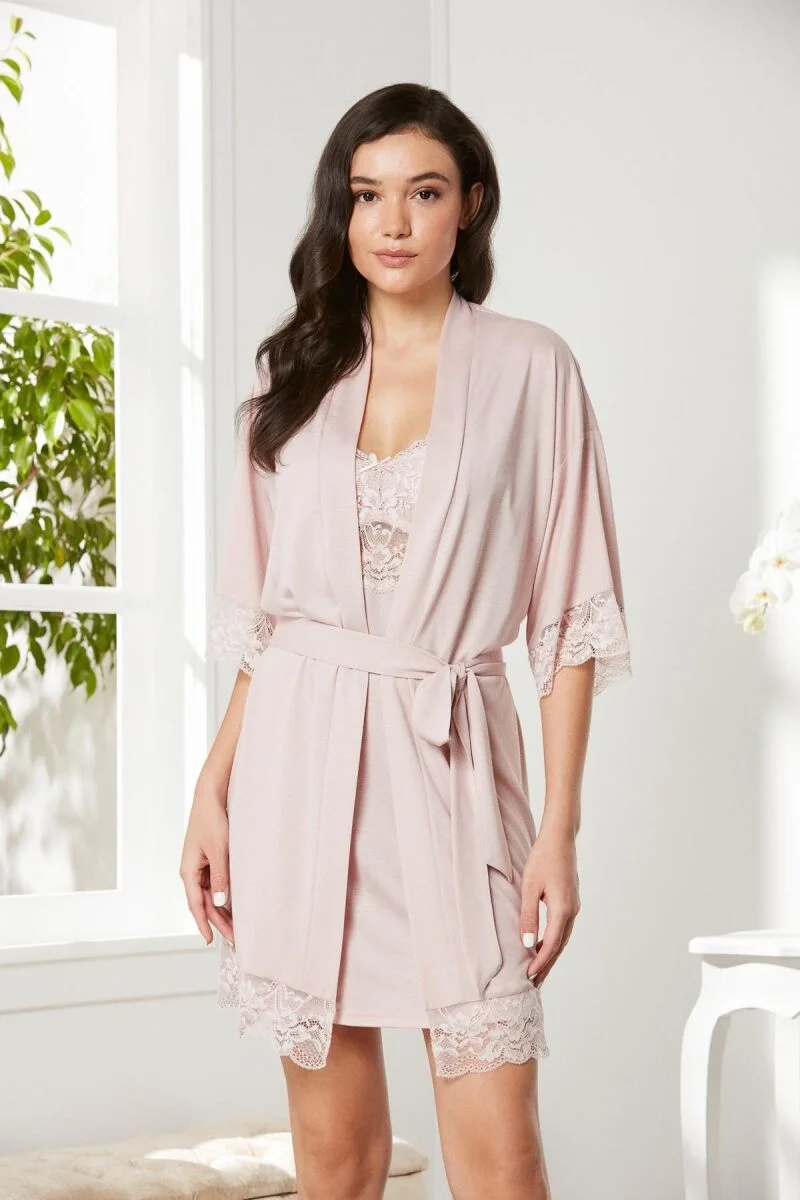 Penye Dantelli Kadın Gecelik ve Sabahlık Takım  - 4020 Pudra