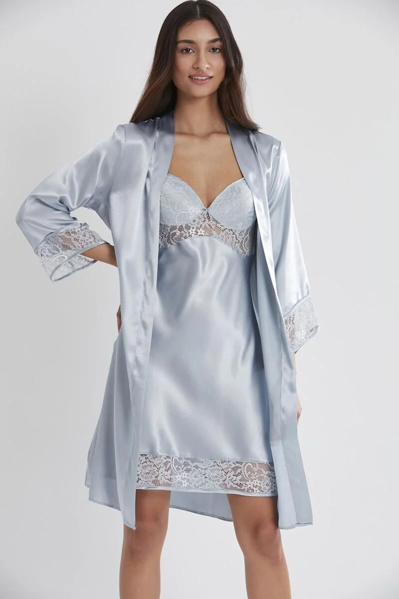 Saten Dantelli Kadın Gecelik ve Sabahlık Takımı - 4075 Mist