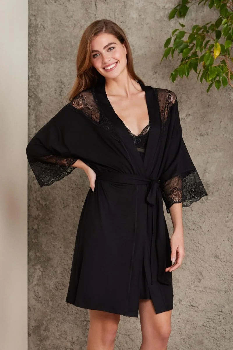 Penye Dantelli Kadın Gecelik ve Sabahlık Takım  - 4010 Siyah