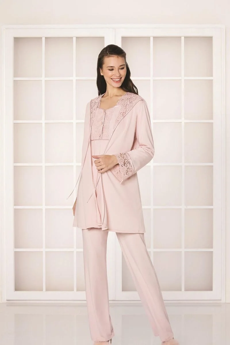 Güpürlü Penye 3'lü Lohusa Pijama Takımı  - 3050 Pudra