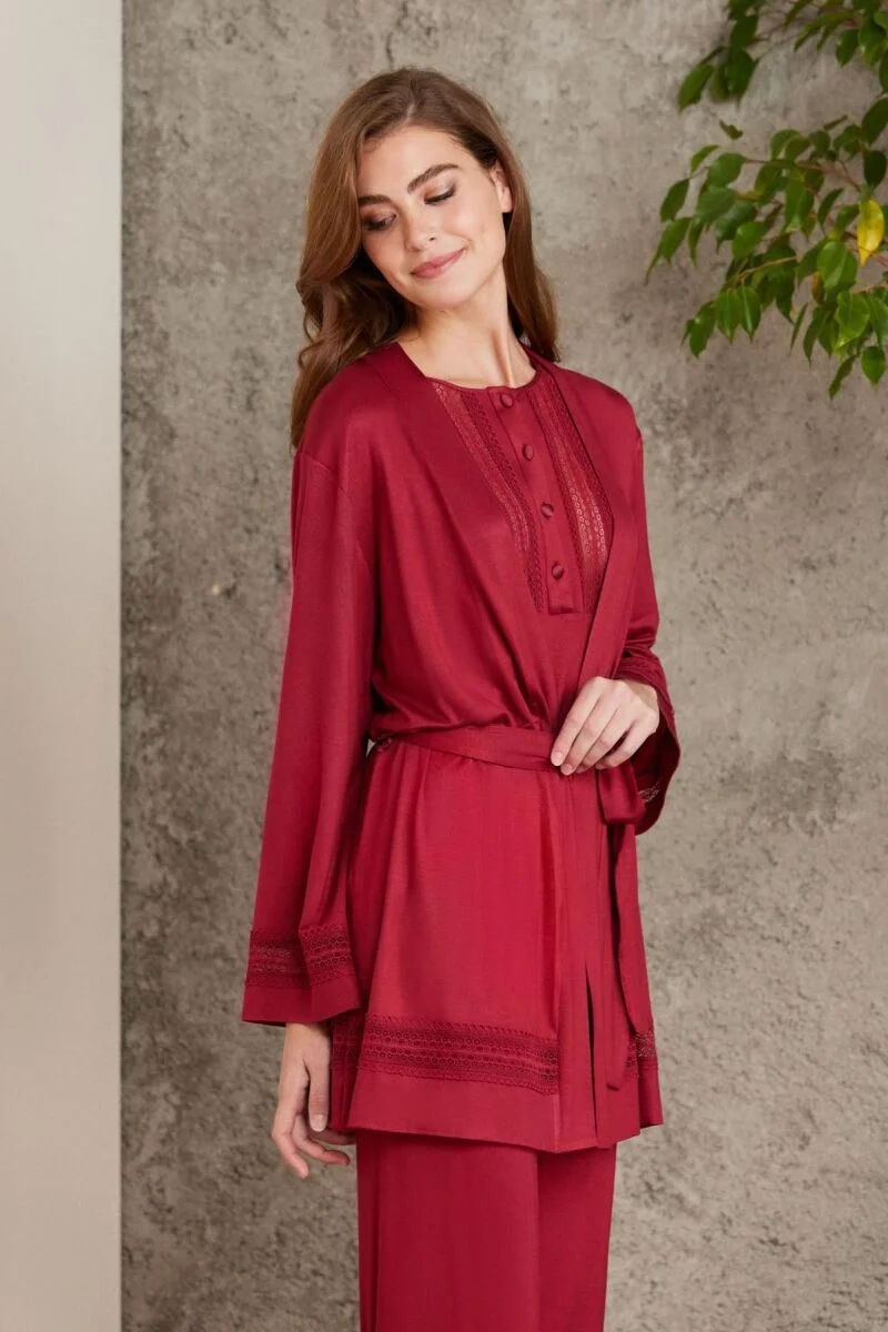 Dantelli Penye 3'lü Lohusa Pijama Takımı  - 2800 Bordo