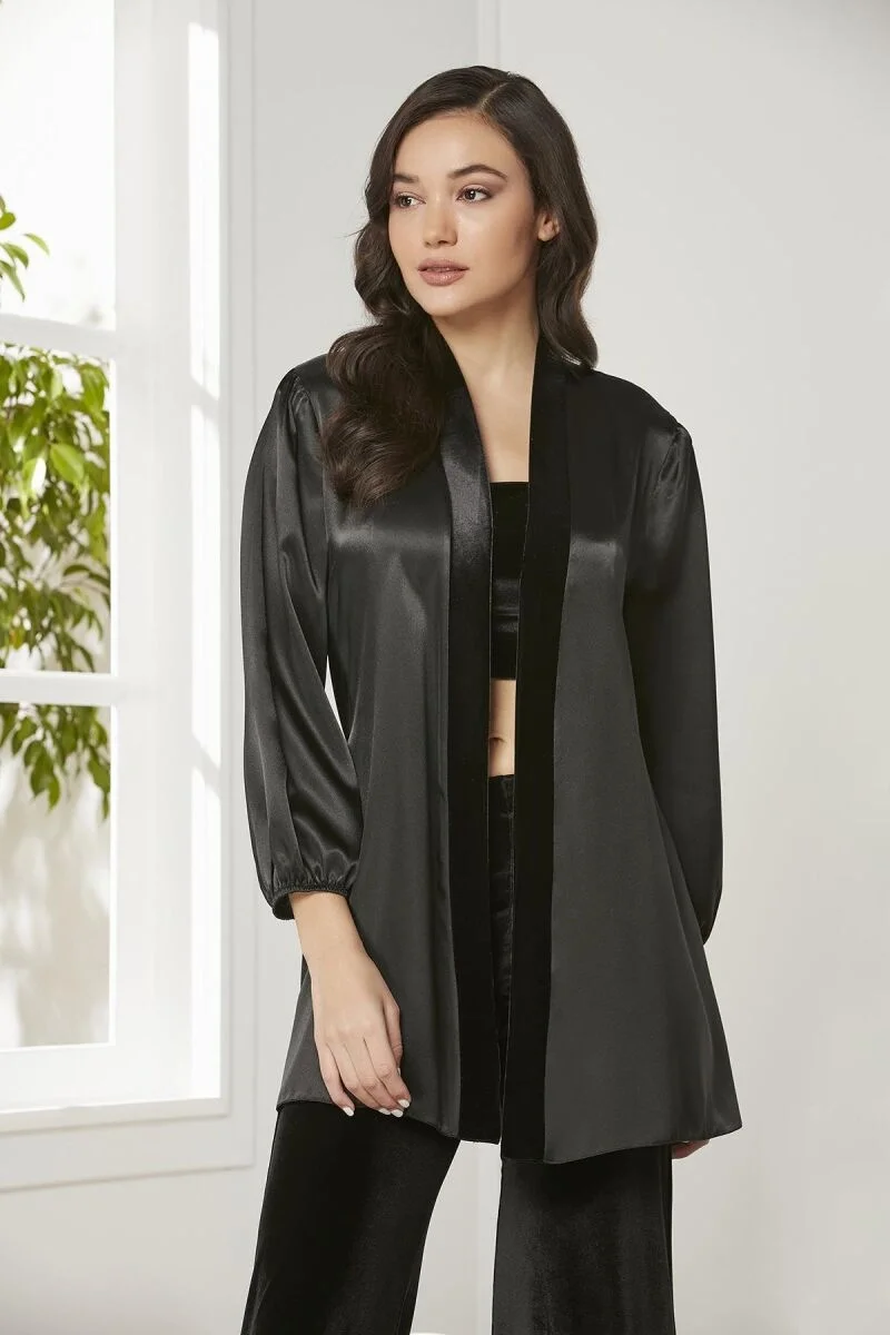 Kadife Saten 3'lü Kadın Pijama Takımı - 2050 Siyah