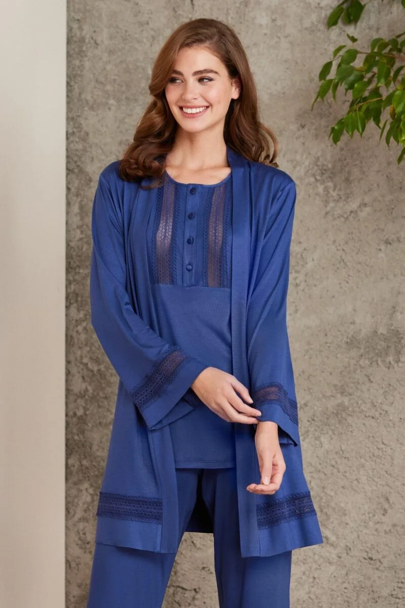 Dantelli Penye 3'lü Lohusa Pijama Takımı  - 2800 Lacivert