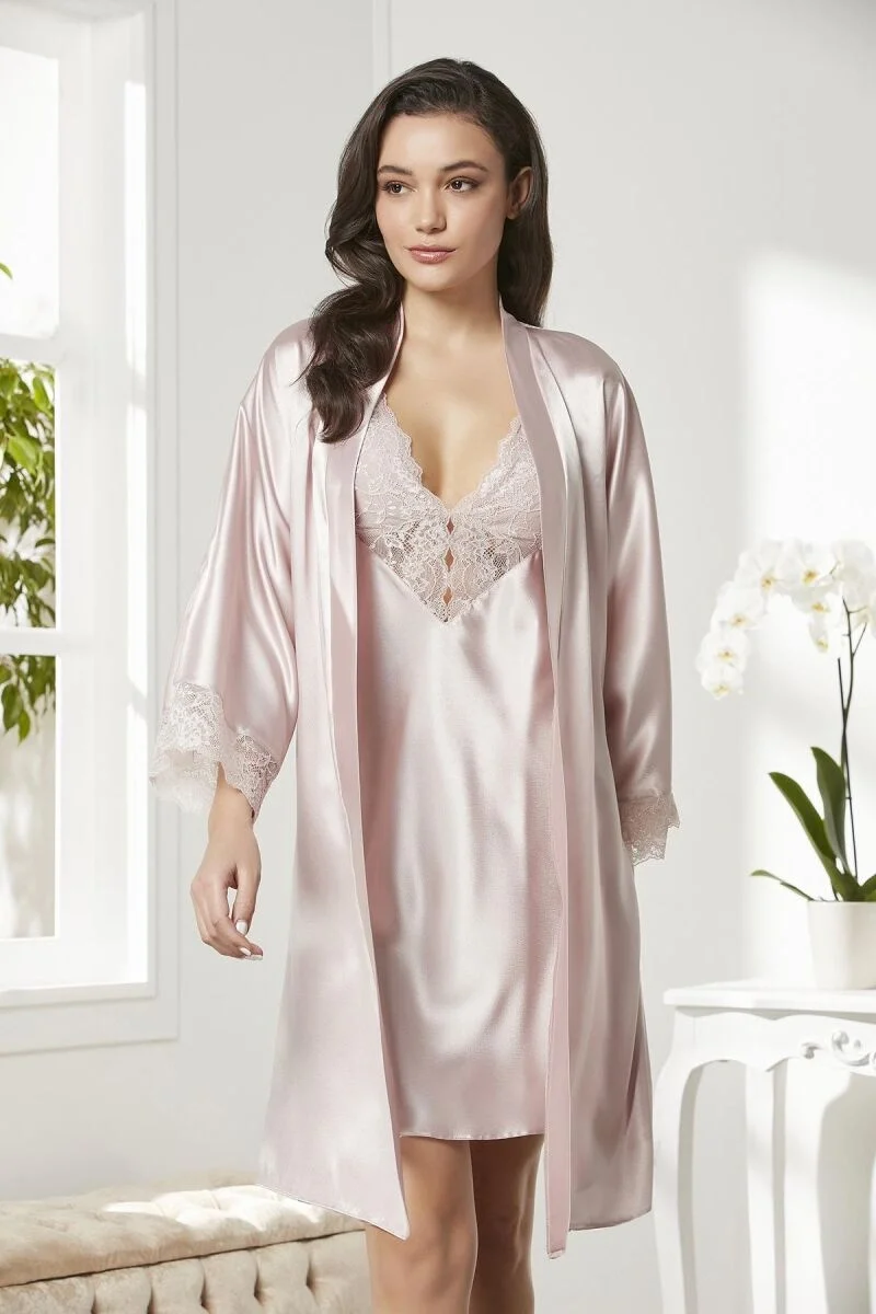 Saten Dantelli Kadın Gecelik ve Sabahlık Takımı - 4280 Pudra