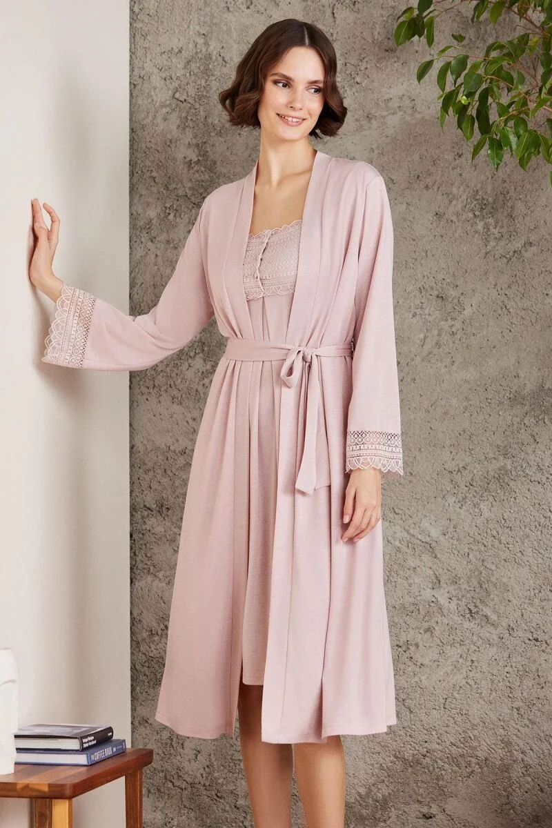 Penye Dantelli Kadın Gecelik ve Sabahlık Takım  - 4005 Pudra