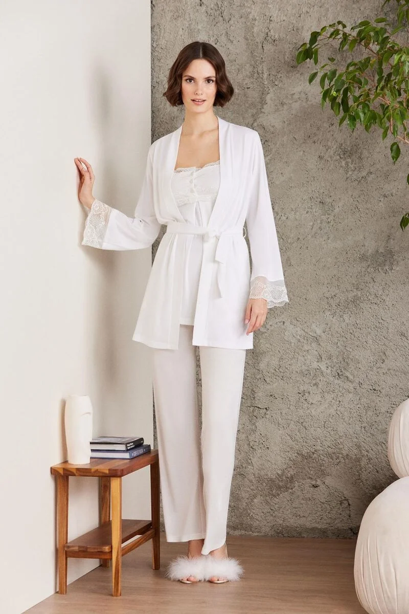 Dantelli Penye 3'lü Lohusa Pijama Takımı  - 2805 Ekru