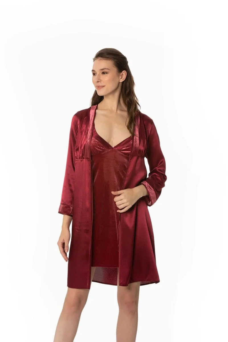 Kadife Saten Kadın Gecelik ve Sabahlık Takımı - 4040 Bordo