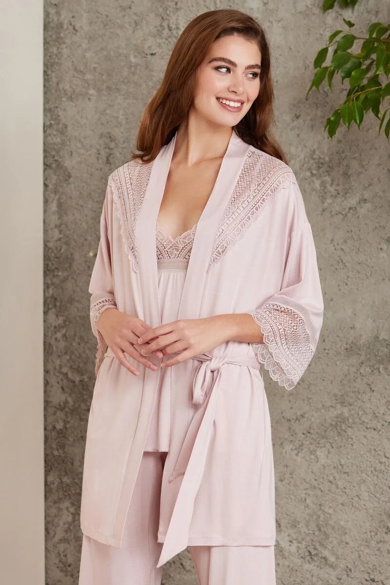 Dantelli Penye 3'lü Lohusa Pijama Takımı  - 2820 Pudra