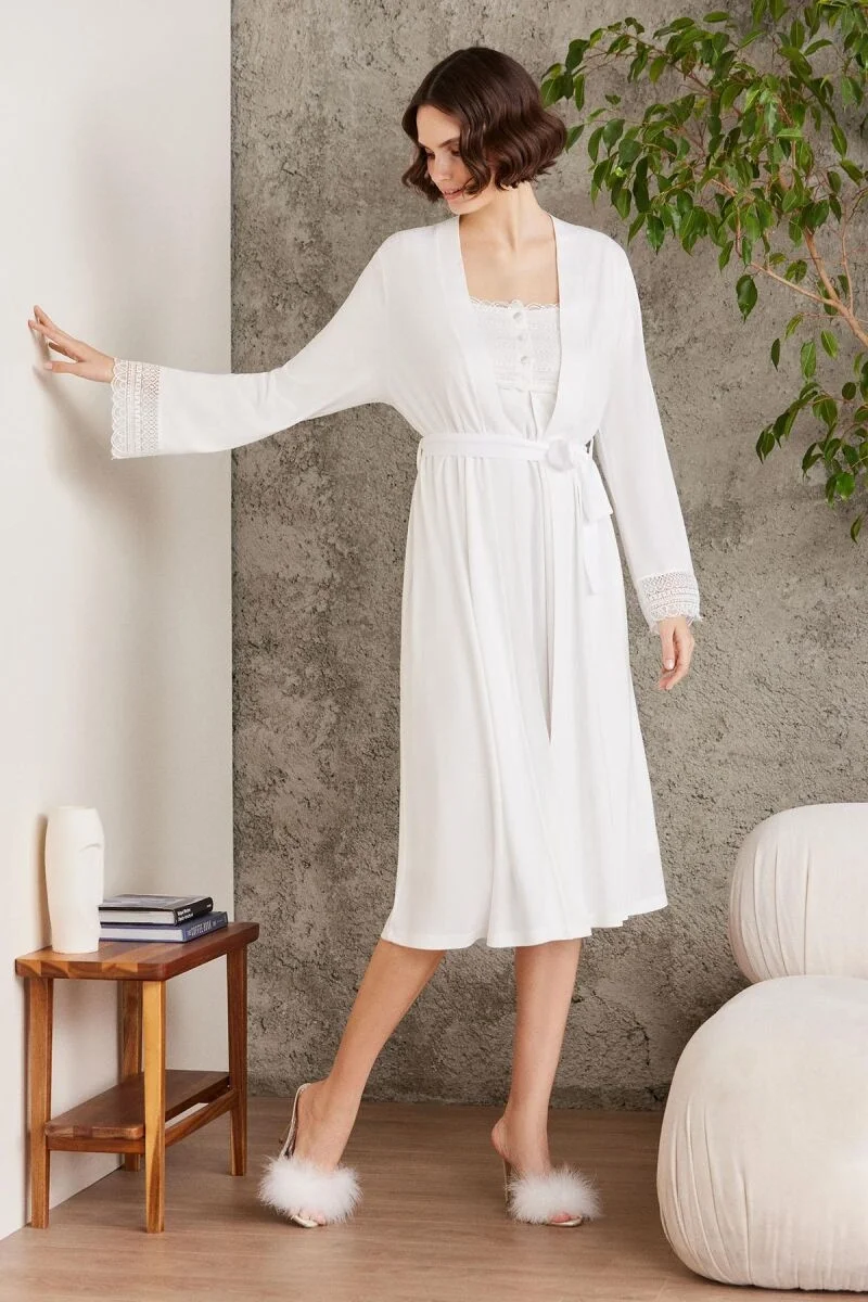 Penye Dantelli Kadın Gecelik ve Sabahlık Takım  - 4005 Ekru