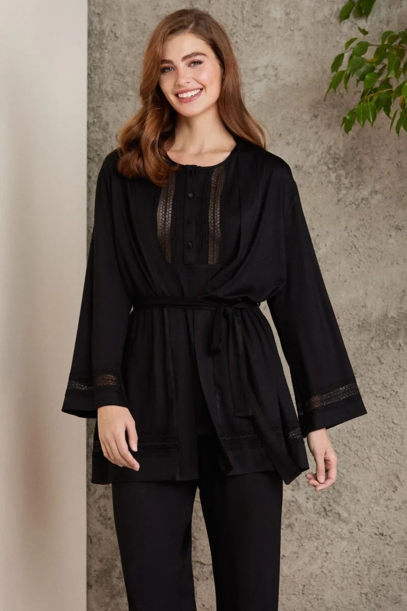 Dantelli Penye 3'lü Lohusa Pijama Takımı  - 2800 Siyah