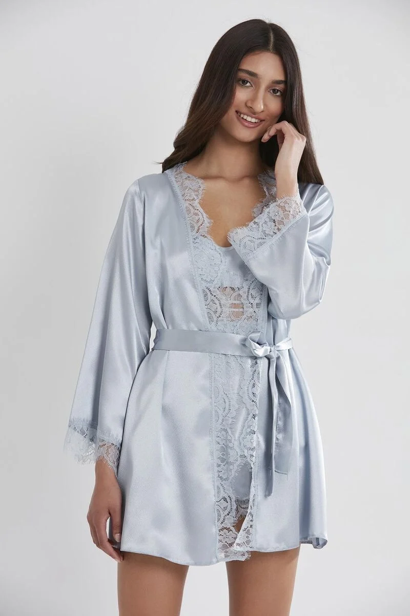 Saten Dantelli 3'lü Kadın Sabahlık Takım  2490 Mist
