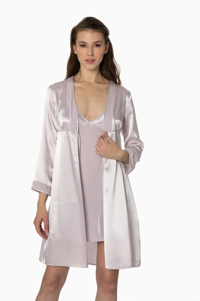 Kadife Saten Kadın Gecelik ve Sabahlık Takımı - 4040 Viola