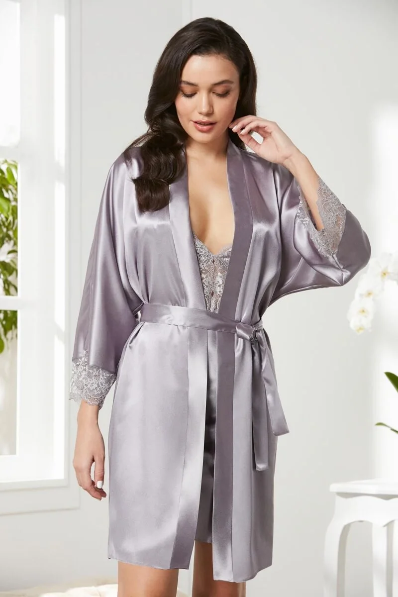 Saten Dantelli Kadın Gecelik ve Sabahlık Takımı - 4280 Royal