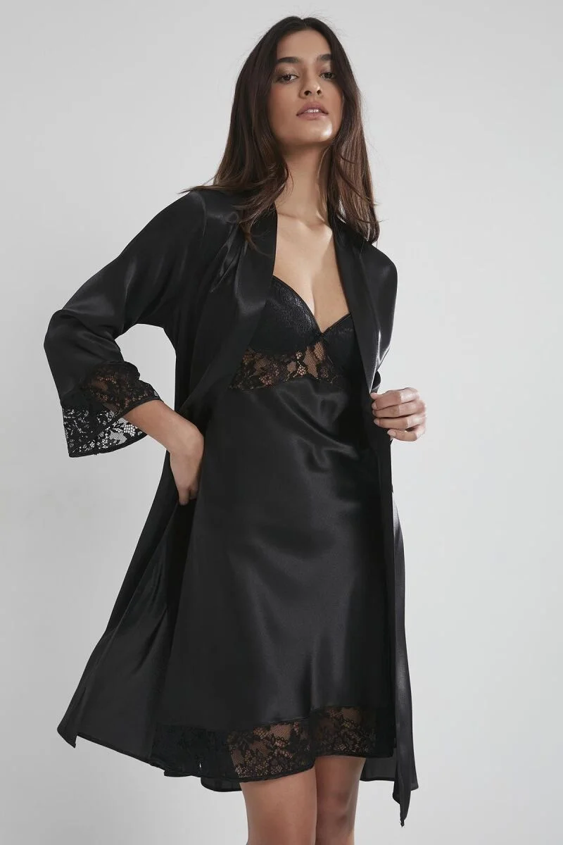 Saten Dantelli Kadın Gecelik ve Sabahlık Takımı - 4075 Siyah