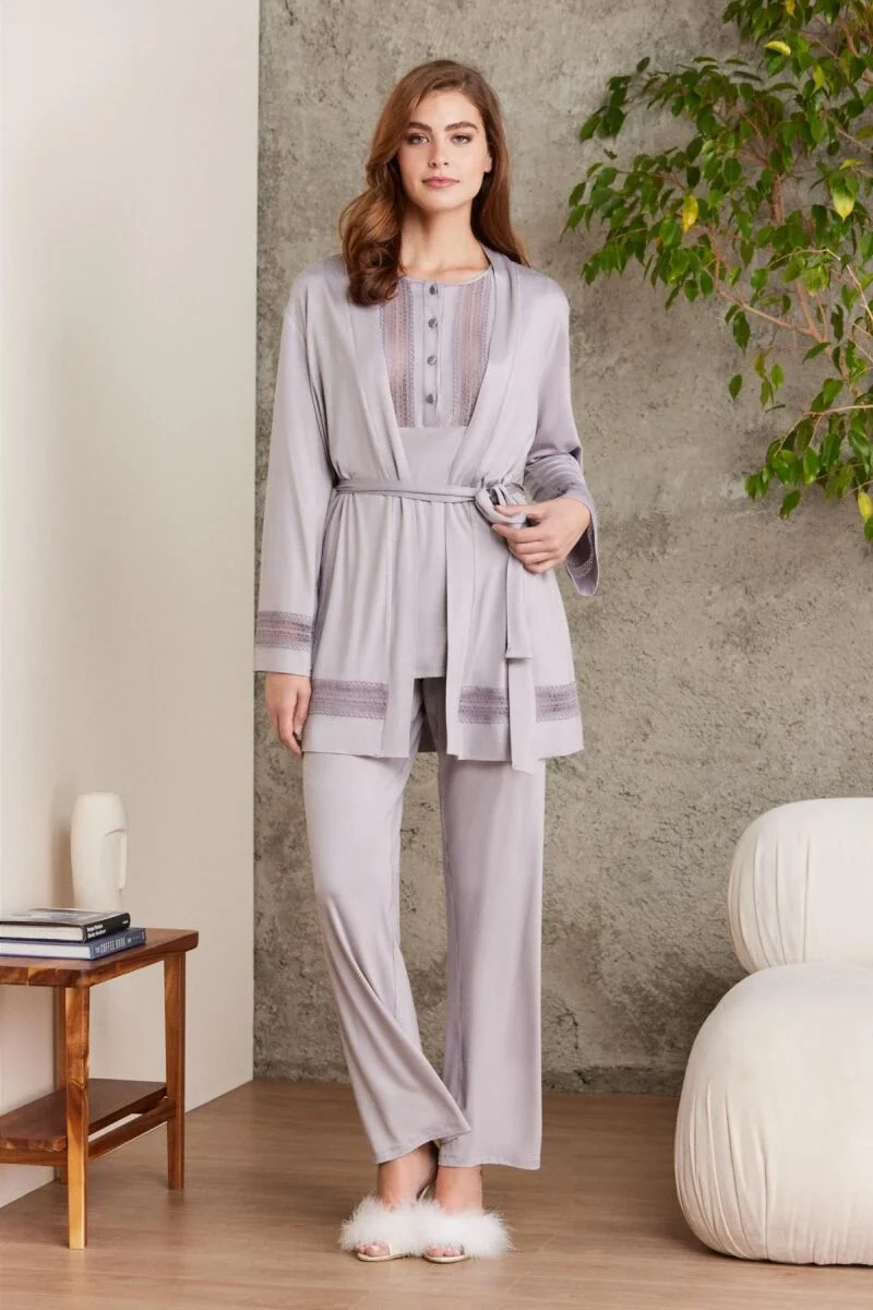 Dantelli Penye 3'lü Lohusa Pijama Takımı  - 2800 Royal