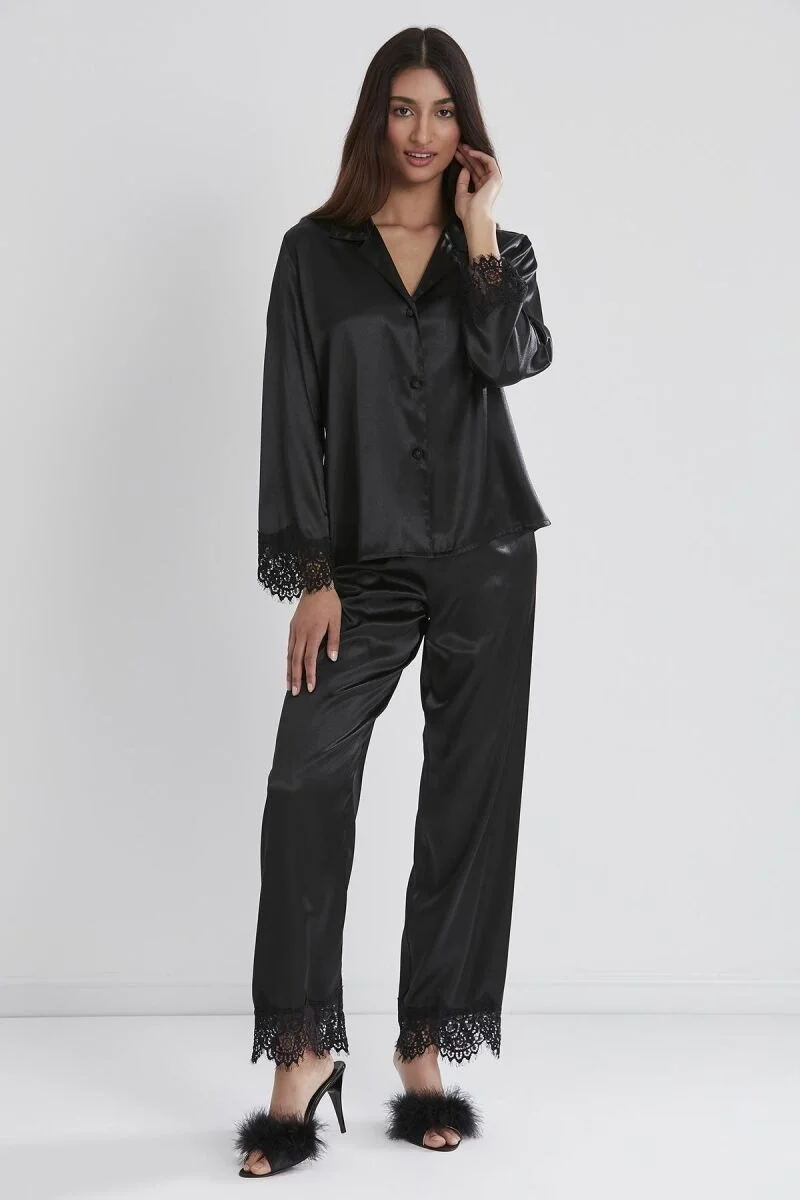 Saten Dantelli Kadın Pijama Takımı - 1135 Siyah