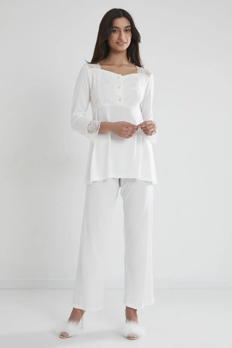 Penye Dantelli Lohusa Pijama Takımı -  1241 Ekru