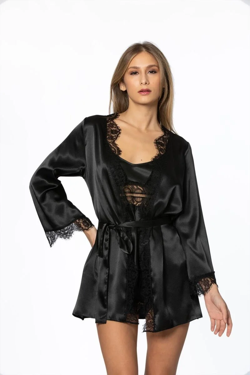 Saten Dantelli 3'lü Kadın Sabahlık Takım  2490 Siyah