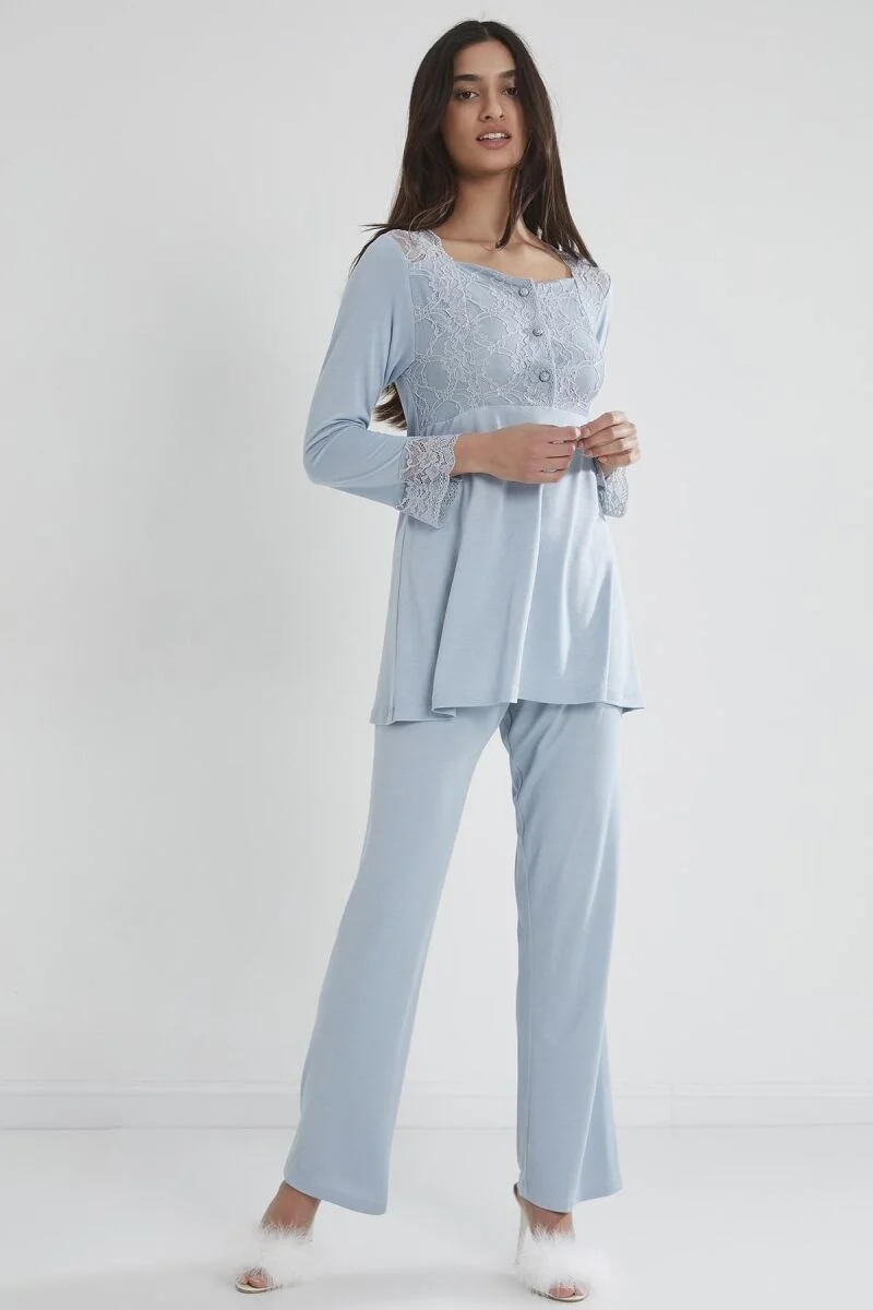 Penye Dantelli Lohusa Pijama Takımı -  1241 Mist
