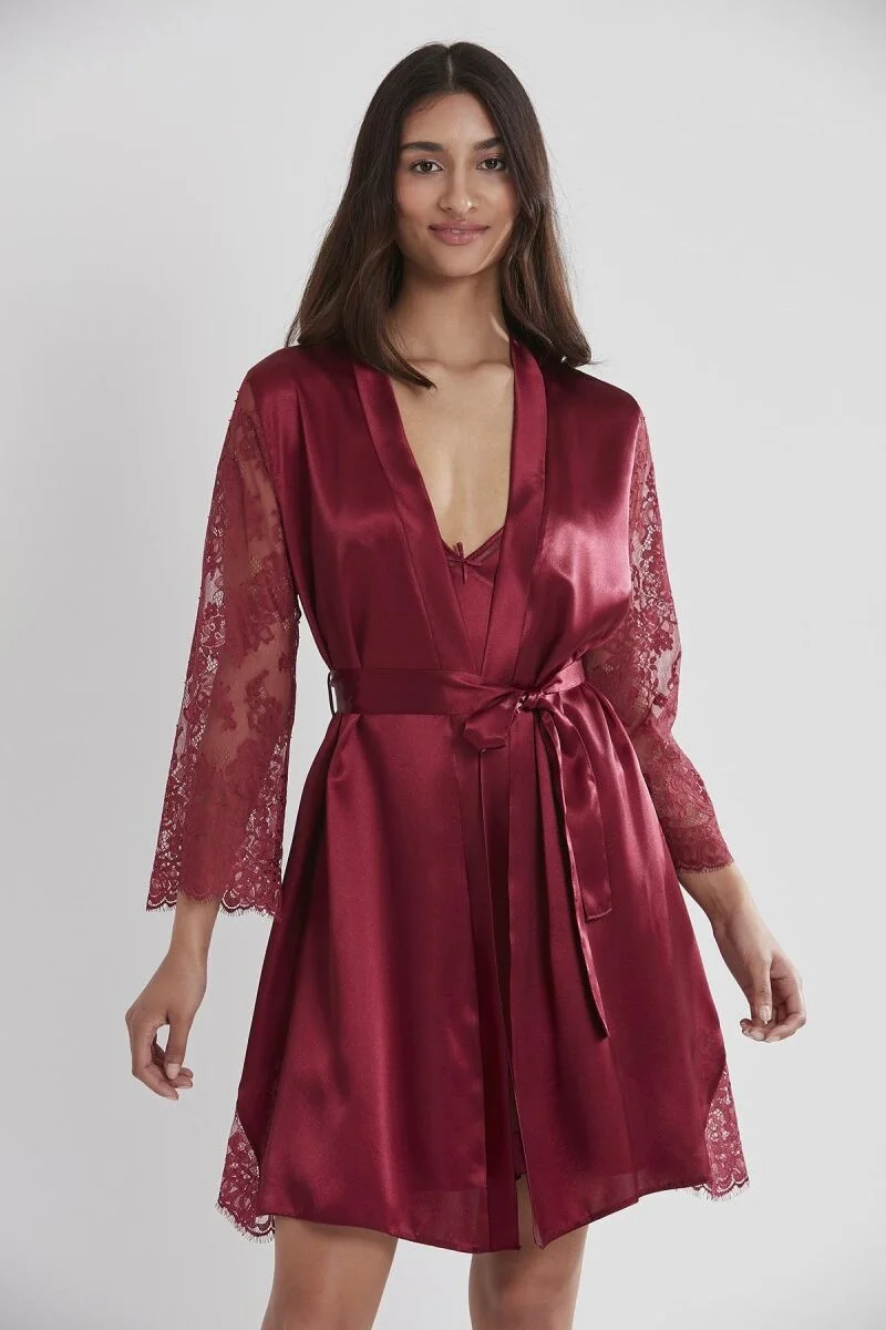 Saten Dantelli Kadın Gecelik ve Sabahlık Takımı - 4065 Bordo