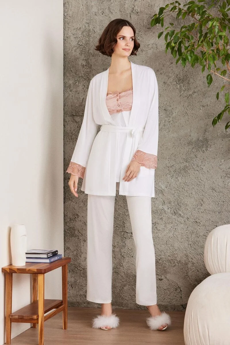 Dantelli Penye 3'lü Lohusa Pijama Takımı  - 2805 Brandy