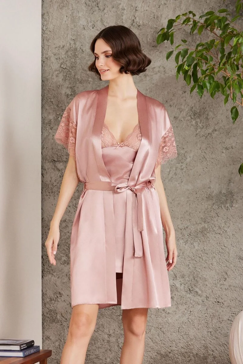 Saten Dantelli Kadın Gecelik ve Sabahlık Takımı - 4438 Brandy