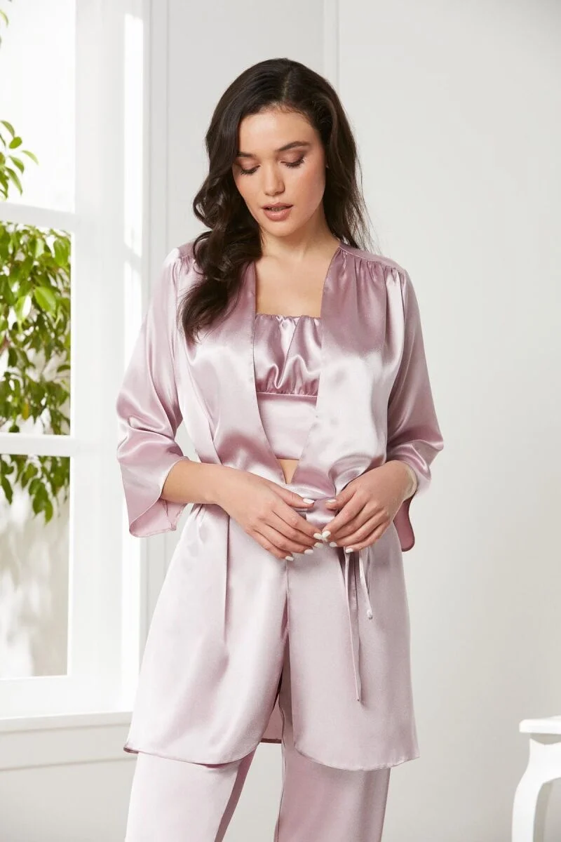 Saten 3'lü Kadın Pijama Takımı  - 2075 Rose